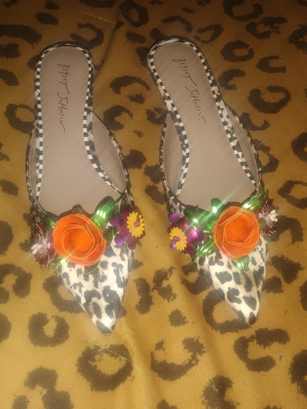 Betsey Johnson Leopard Pointed Mules with Orange Floral Embellishments